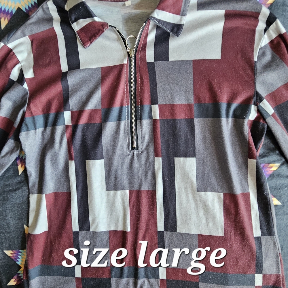 JCPenney Burgundy and Gray Plaid Zip-Up Blouse